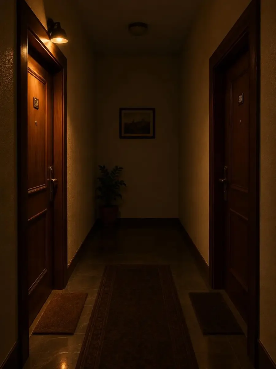 对门邻居的灯总比我晚关 短剧封面：夜里的窄走廊，两扇对开的木门，只有一扇门灯还亮着