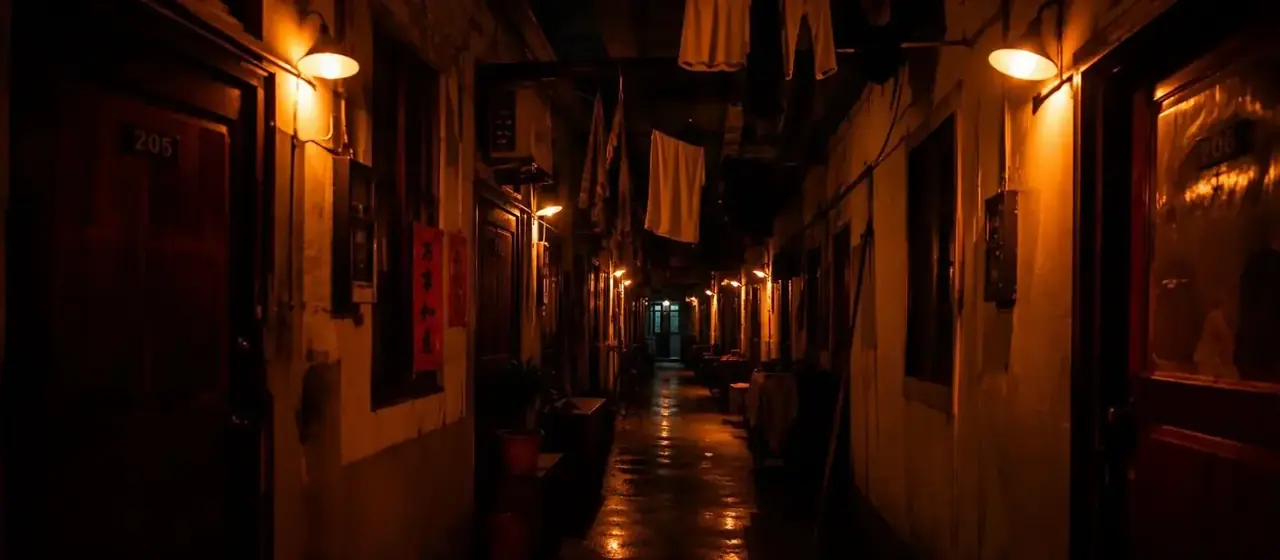 街坊剧场 栏目封面:夜色里旧楼道的一排暖橙色壁灯与木门